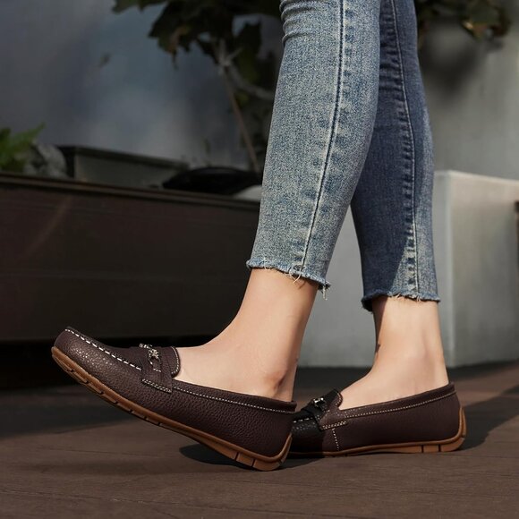 Kordal Women's Coffee Leather Gold Accent Buckle Slip-Ons Walking Flats Loafers - Picture 6 of 9